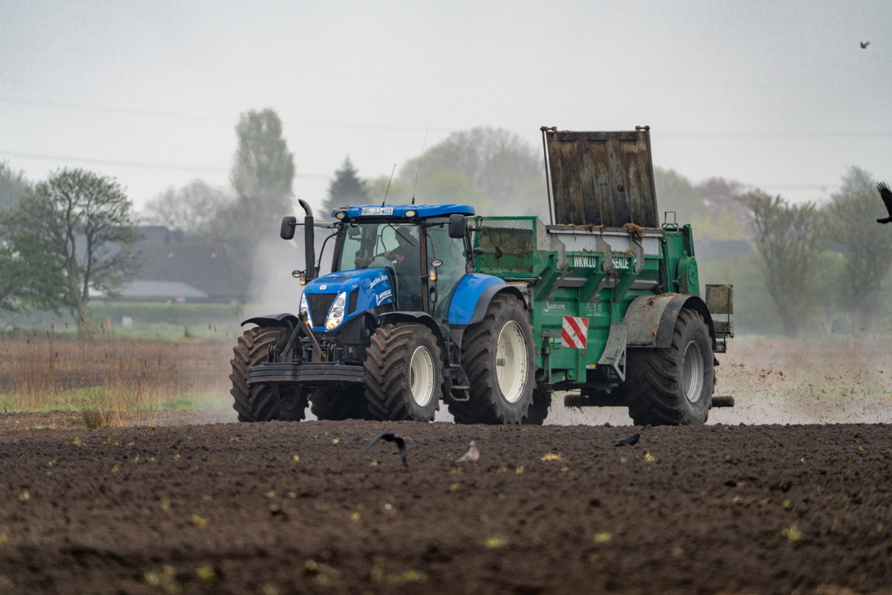 New Holland Traktor mit Miststreuer im Feldeinsatz